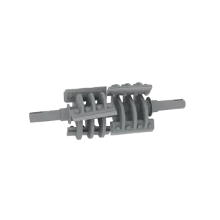 3D model of a dual rotary cutter assembly with interlocking toothed blades on a central shaft, presented in a neutral gray.