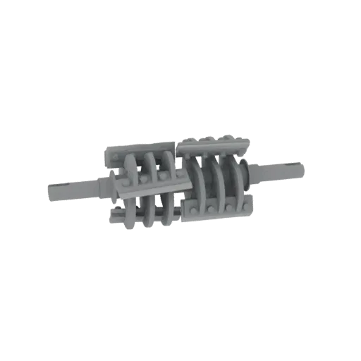 3D model of a dual rotary cutter assembly with interlocking toothed blades on a central shaft, presented in a neutral gray.