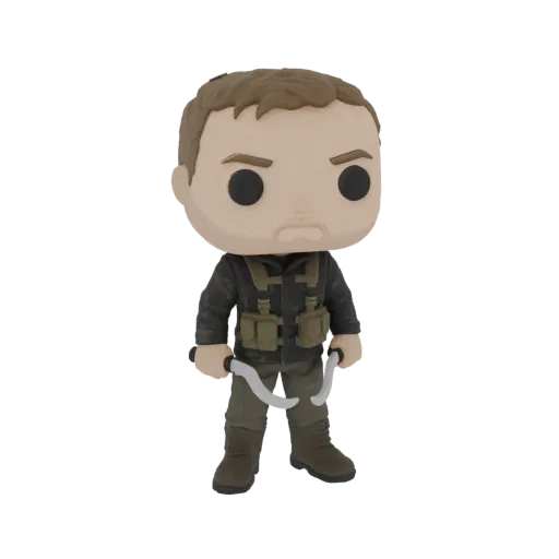 3D model of John Wick in Funko Pop style, holding two curved knives, with a determined expression.