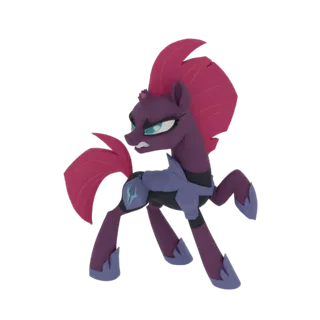Modelo 3D de um pônei Rei da Tempestade roxo furioso com crina e cauda magenta, vestindo armadura escura com emblema de raio.