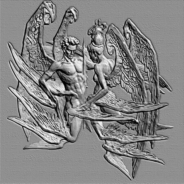 3D model bas-relief two angels holding sword classical sculpture style.