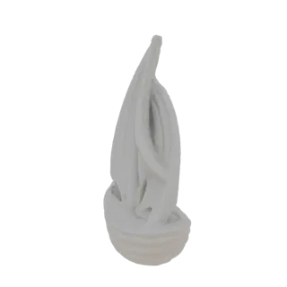 Modelo 3D de una escultura abstracta de velero blanco con formas fluidas similares a velas y un casco acanalado.