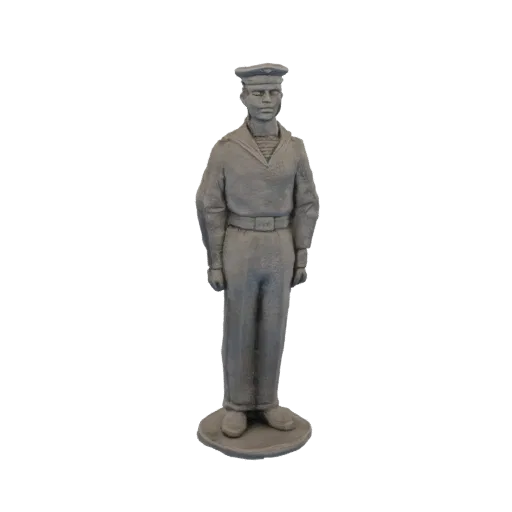 3D model render of a gray sailor figurine standing on a base, wearing a cap and uniform.