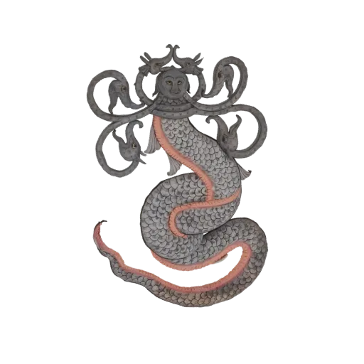 3D model of a mythical serpent creature with a grey, scaled body and a humanoid head with decorative elements.