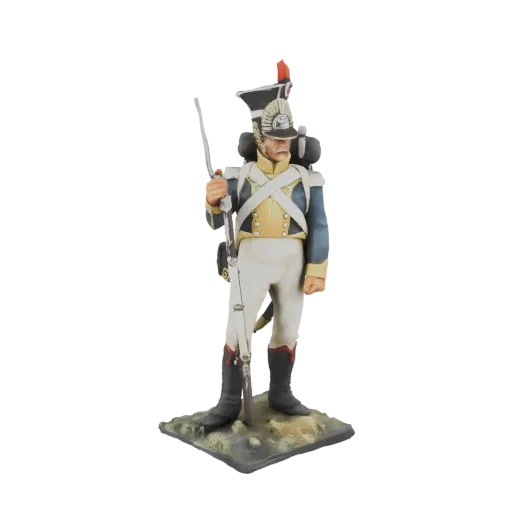 3D model of a Napoleonic era soldier in uniform, holding a musket, standing on a textured base.