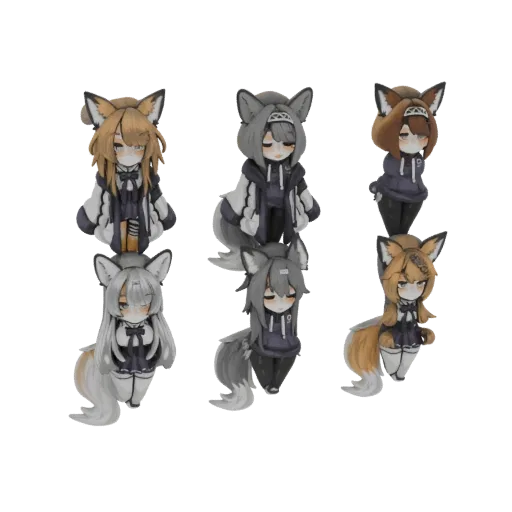 A set of six chibi wolf girl 3D models with anime-inspired designs, featuring different hair colors and outfits.