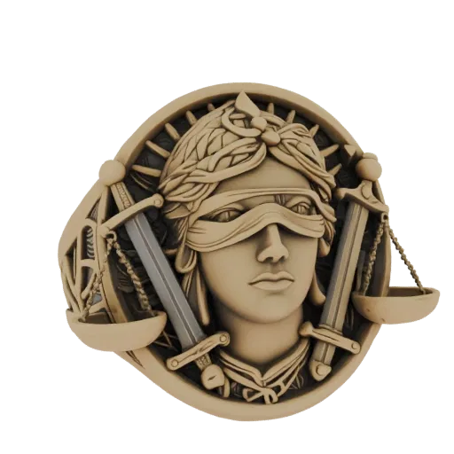 3D model of a ring depicting Lady Justice, swords, and scales, adorned with filigree