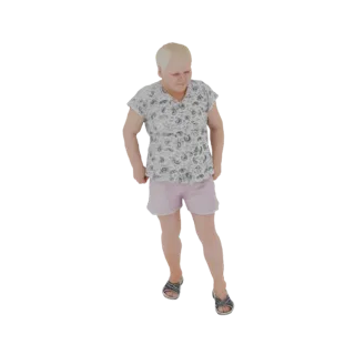 Modèle 3D d'une femme debout, portant une chemise blanche à imprimé floral et un short rose, avec des sandales grises.