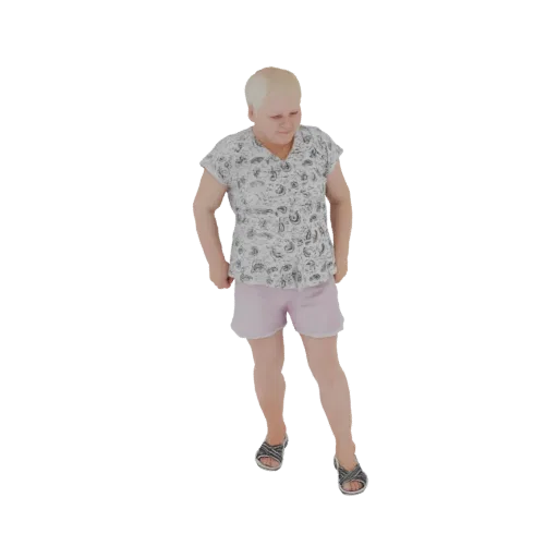 Modelo 3D de mulher em pé, com camisa branca estampada floral e shorts rosa, com sandálias cinzas.