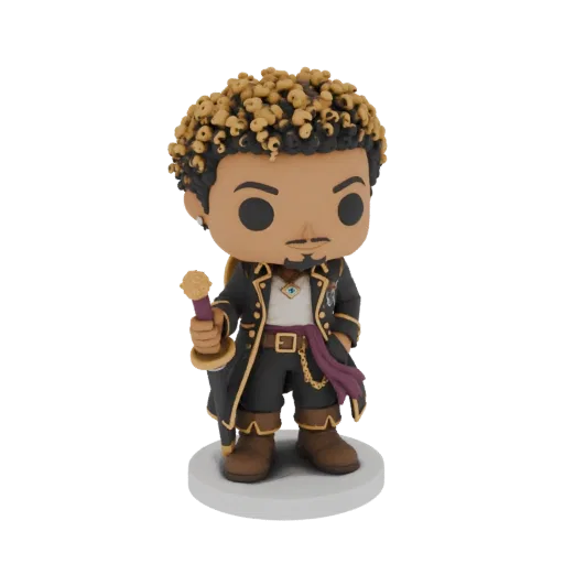 3D model of Captain Jack Sparrow in Funko Pop! style, holding an ornate staff, wearing pirate attire.