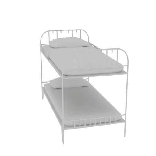 3D model render of a white metal bunk bed with two mattresses and pillows, viewed from a slight angle.