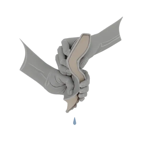 3D render of two gray hands squeezing a beige cloth, with a single blue water droplet falling below.