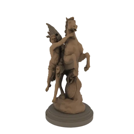 3D model of a classical sculpture depicting Pegasus, the winged horse, with Bellerophon riding it, set on a rocky base.