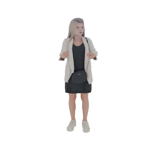3D model of a woman wearing a white blazer, dark dress, and black crossbody bag, standing with hands at her sides.