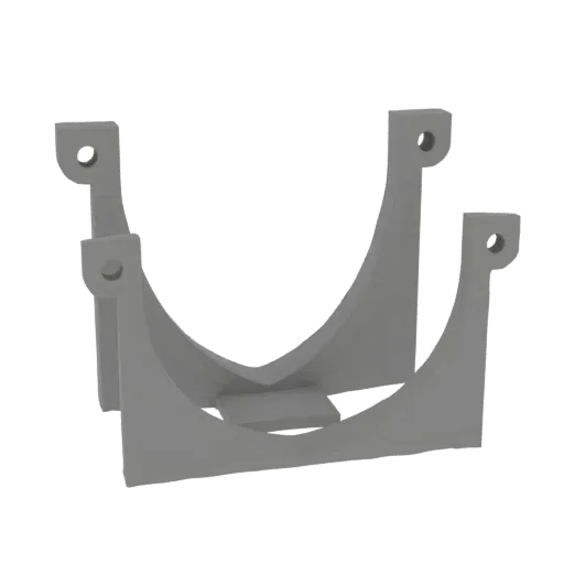 A 3D render of a gray U-shaped pipe bracket with two mounting holes on each vertical arm, set against a black background.