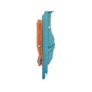 Modèle 3D d'une jauge de contour réglable bleue et orange avec une règle intégrée, montrant ses dents interconnectées et ses