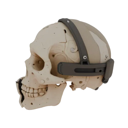 Modello 3D teschio umano anatomico con elmo futuristico, vista laterale