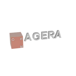 Render 3D del logo AGERA, con un cubo marrone rossastro con lettere in rilievo 'O', 'M', 'H' e testo argentato 'AGERA'.
