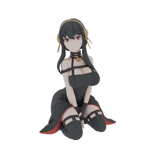 3D model of Yor Forger from Spy x Family in a black dress, crouching with hands clasped.