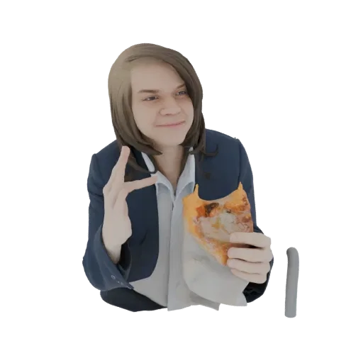 3D model of a young person in a blue blazer, holding and eating a slice of pizza, with a casual expression.