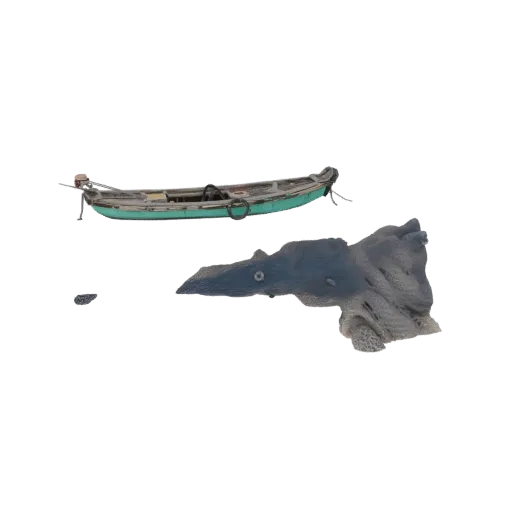 Render de modelo 3D de un bote de remo vintage azul turquesa flotando sobre el agua junto a un detallado fragmento de coral.