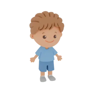 A 3D render of a cute cartoon boy with brown hair, wearing a blue t-shirt and shorts, standing with arms slightly out.