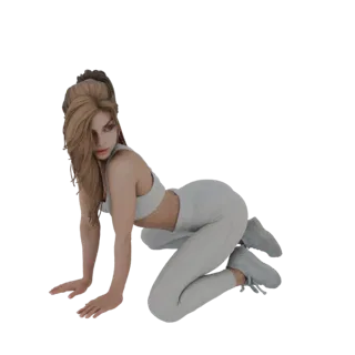 Modelo 3D de una mujer en una pose atlética dinámica, vistiendo un sujetador deportivo y leggings, sobre un fondo blanco.