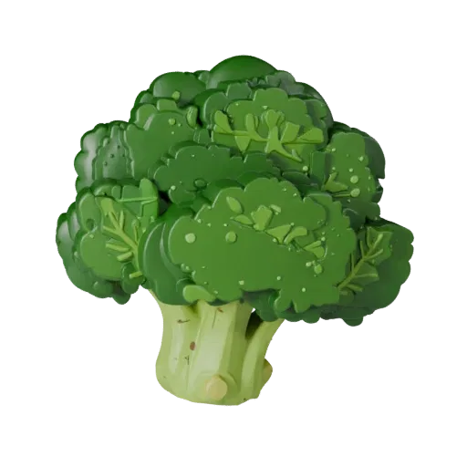 Market Broccoli Head Printable 3D model, isometric STL render, showing leaf veins, clear vegetable silhouettes.