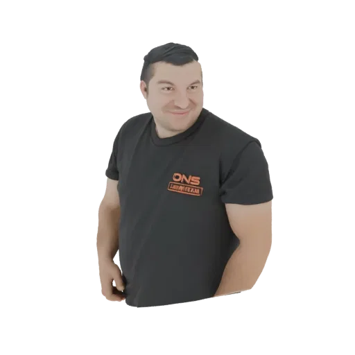3D model render of a man wearing a black t-shirt with an orange 'ONS TEAM' logo, looking to the side with a smile.