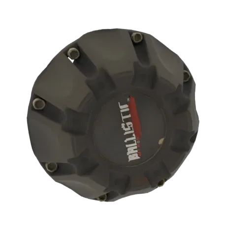 Modelo 3D de calota central Ballistic Off-Road cinza escura com logo vermelho e branco.