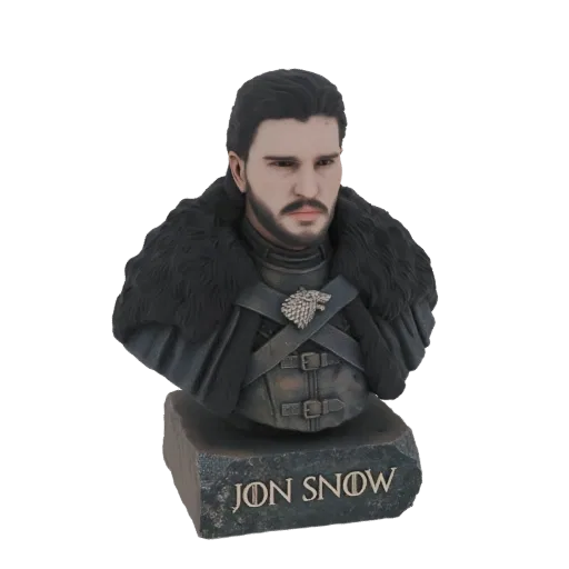 3D-Modellbüste von Jon Snow aus Game of Thrones mit seinem ikonischen Pelzkragen und dem Haus Stark-Sigil auf einem Steinsock