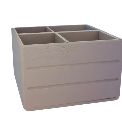 3D model of a desktop organizer with 6 compartments and ribbed stripes on the front, front view