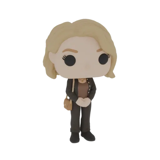 3D model of a blonde woman in business attire, styled as a Funko Pop figure, with a tan crossbody bag.
