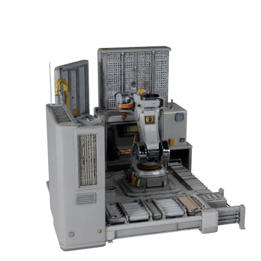 Assembly Robot Cell Stylized 3D model, stylized isometric render, showing painted steel, machine stations.