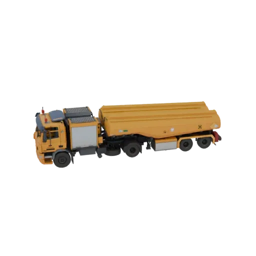 Modèle 3D d'un camion-citerne jaune avec une cabine détaillée et un réservoir cylindrique, vu de côté.