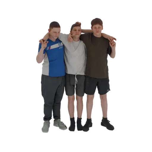3D model of three young friends standing together with arms around each other, wearing casual clothing.