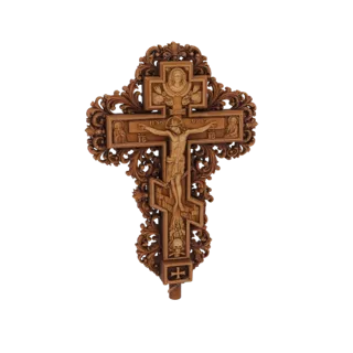 Modelo 3D de un crucifijo ortodoxo oriental ornamentado con tallas detalladas de Cristo, María, Juan e imaginería simbólica.