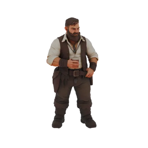 3D model of a stout Dwarven Tavern Keeper with a beard, wearing a vest and holding a drink.