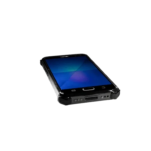 Rugged Smartphone Low Poly 3D model, game viewport three-quarter view, showing glass screens, thin device proportions.