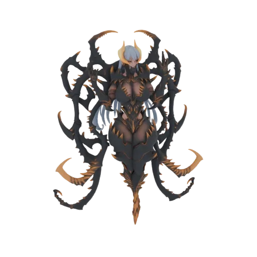 3D-Modell einer Dunklen Spinnenkönigin mit schwarzer und goldener Rüstung und vielen stacheligen Gliedmaßen