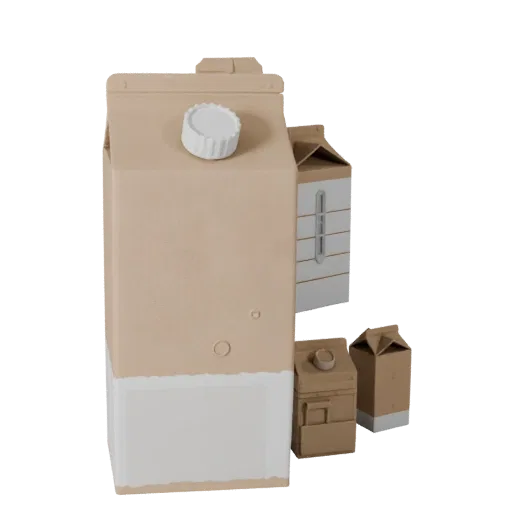 Bagged Milk Carton 3D model, three-quarter front view, AR viewer studio render, showing cardboard, package massing.
