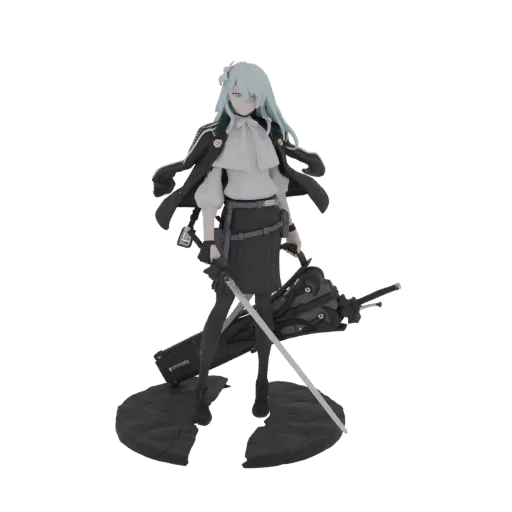 Modello 3D di una ragazza anime con capelli azzurri, che tiene una katana e un ombrello futuristico, in piedi su una base scu