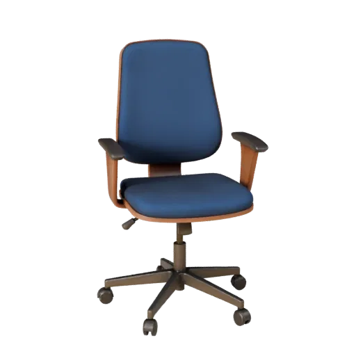 Chaise de bureau scandinave, modèle 3D pour visualisation de produit, bureau, rendu studio en trois-quarts, détail bois.