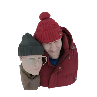Modello 3D di due amici con cappelli e cappotti invernali, uno appoggiato all'altro, entrambi sorridono calorosamente.