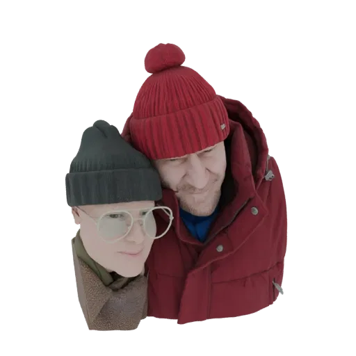 3D model of two friends in winter hats and coats, one leaning on the other, both smiling warmly.