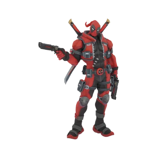 Modelo 3D de Deadpool en pose dinámica, sosteniendo pistola y katana, con su icónico traje rojo y negro y equipo táctico.