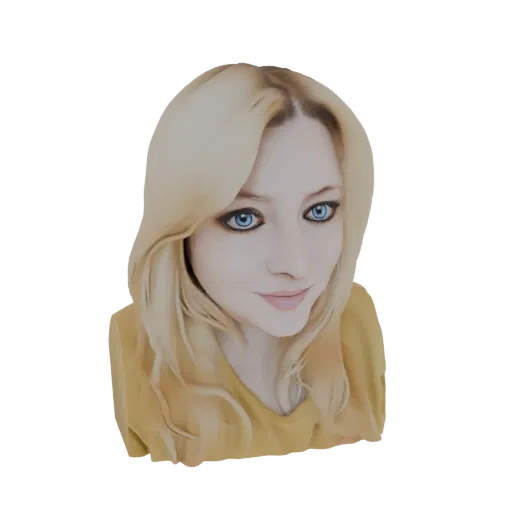 3D model preview of an AI-generated blonde woman with bright blue eyes and a gentle smile, rendered in a painterly style.