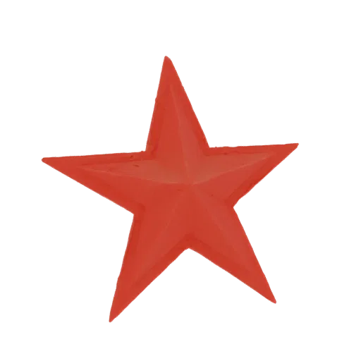 3D render of a bright red, five-pointed star ornament against a black background.