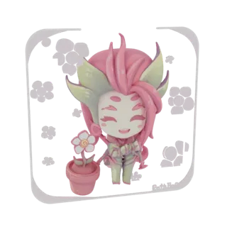 Renderização de modelo 3D de um sprite de flor chibi fofo com cabelo rosa, pele verde e segurando uma flor em vaso, contra um