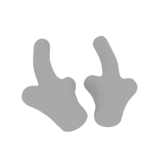 A 3D render of two stylized gray hands, each pointing in a different upward direction, against a white background.